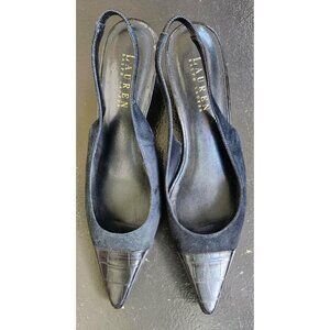 Lauren Ralph Lauren Black Suede and Croc Embossed Leather Sling Backs US 7.5